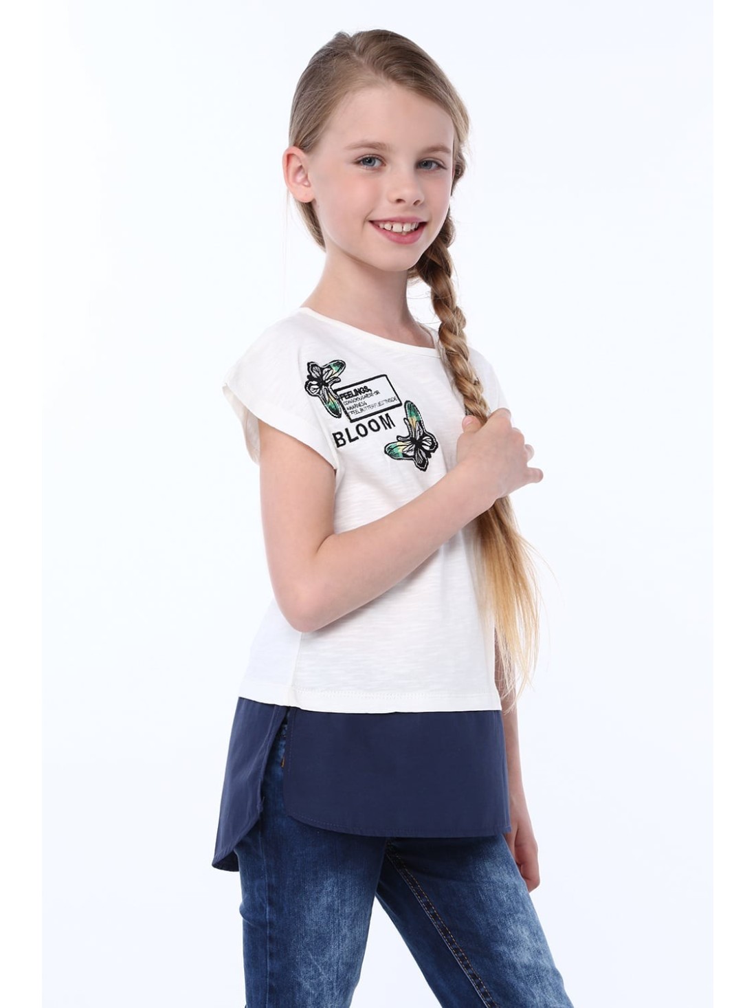 Girls\' T-shirt made of combined materials, cream, NDZ8212 - Online store - Boutique